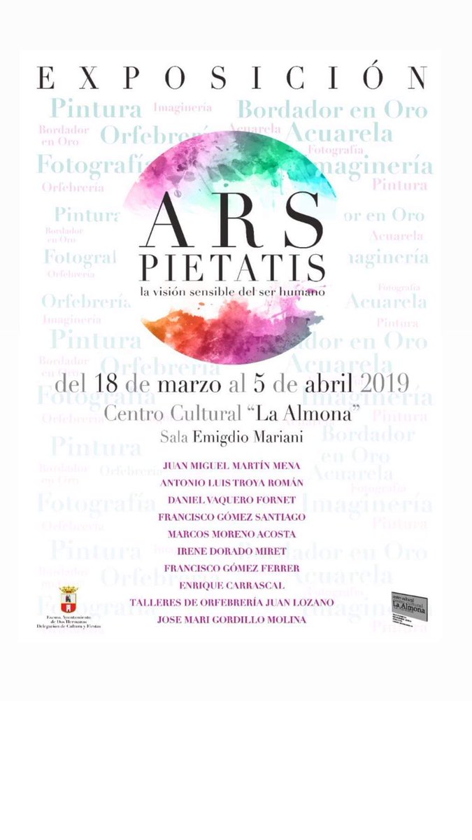 Actualidad| Mañana abre sus puertas #ARSPIETATIS  Fotografía, imaginería, bordado, orfebrería, pintura... Artistas nazarenos con un punto de vista diferente del arte devocional de Dos Hermanas.

#TDSCofrade #CuaresmaDH19 #SSantaDH19 #DosHermanas