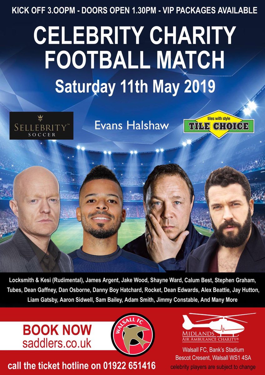 Sellebrity_UK's tweet photo. 📆 Saturday 11th May 
📍Walsall Football Club 

Come see this huge celebrity match at @WFCOfficial raising funds for @MAA_Charity 

Book tickets now!! 
Great seats still available 👇

https://t.co/tiTe8xGwpC https://t.co/hv9tWn3AoV