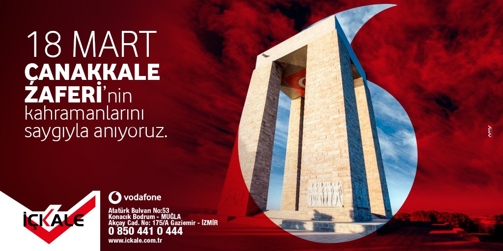 İÇKALE
ickale.com.tr 
☎️0850 441 0 444
📍Dönmeyi hiç düşünmediler. Bu vatanı evlatlarına bırakabilmek için canlarını gözlerini bile kırpmadan verdiler. Saygı ve minnetle şehitlerimizi anıyoruz.
#18mart #canakkalezaferi #ickale #vodafone #İçkaleVodafone #bodrum #iletisim