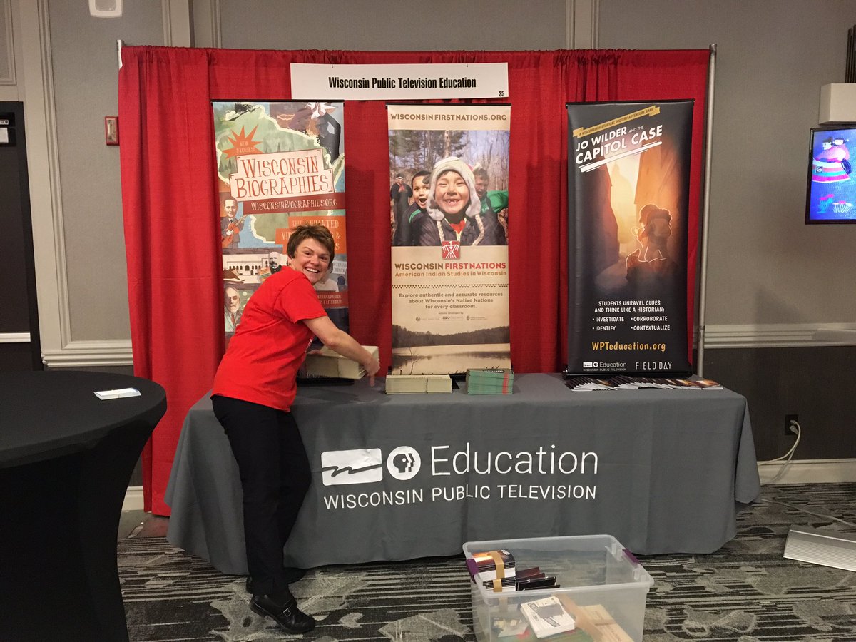 PBSWisconsinEdu's tweet photo. We’re at #WCSS19, setting up our exhibit for all of the incredible educators in attendance today! Stop by to learn more about #JoWilder, #WisconsinBiographies, and #WisconsinFirstNations! https://t.co/DdYULkzcRd