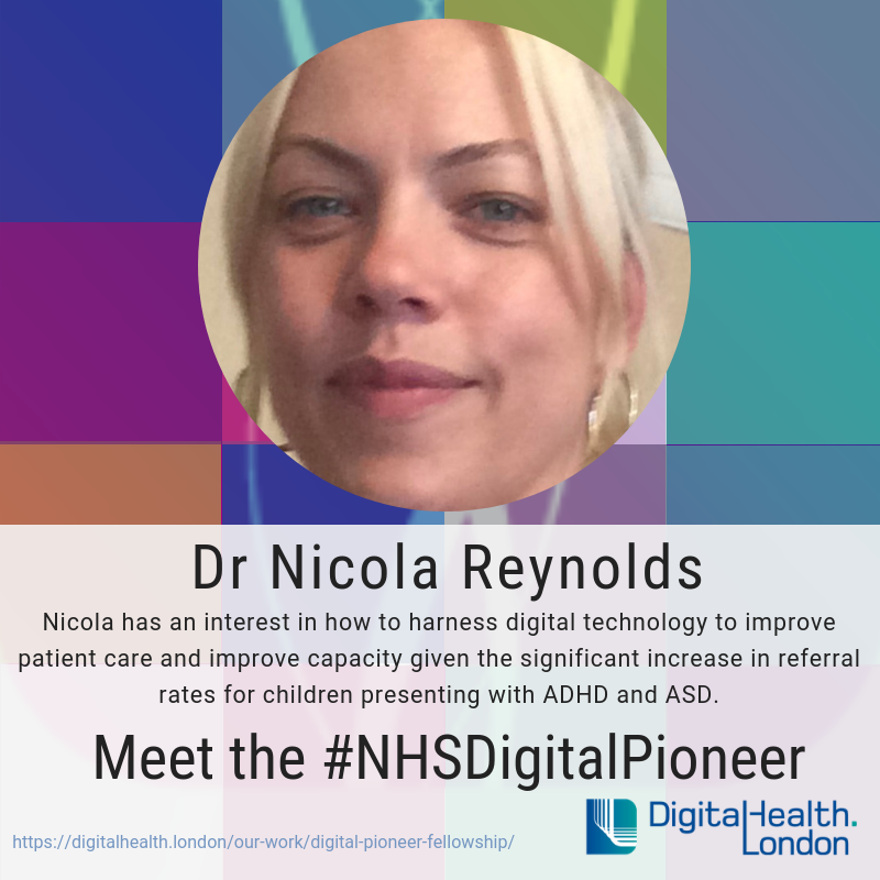 DHealthLDN's tweet photo. Today we introduce Dr Nicola Reynolds. @ClinPsych_Nic's project is improved self-management of #ADHD, reducing difficulties at school and home for young people. Nicola is on the 2019 #NHSDigitalPioneer Fellowship Programme. More: https://t.co/tuXc6nDyDI @YMakinde1 @MaudsleyNHS https://t.co/5sTLjyFxs7