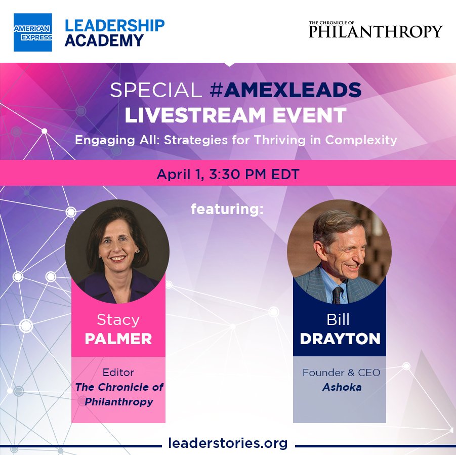 atlascorps's tweet photo. Watch LIVE discussion on 4.1.19 #leadership #engagingall featuring Stacy Palmer @Philanthropy &amp; Bill Drayton @Ashoka @changemaker #amexleads https://t.co/Bgfvwx9uhy https://t.co/EmPyE3MRaT