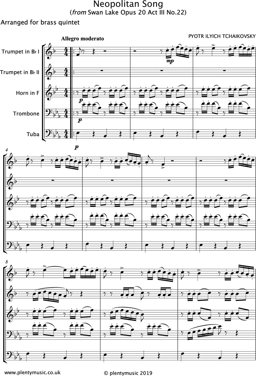 PlentyMusicCo's tweet photo. An arrangement for #brassquintet of #NeapolitanSong by #Tchaikovsky has been uploaded to the #PlentyMusic website. It has been prepared as a one document pdf file with individual parts appended to the full score. #trumpet #Frenchhorn #trombone #tuba https://t.co/WA3jmfqnYW https://t.co/jLgyu60jC1
