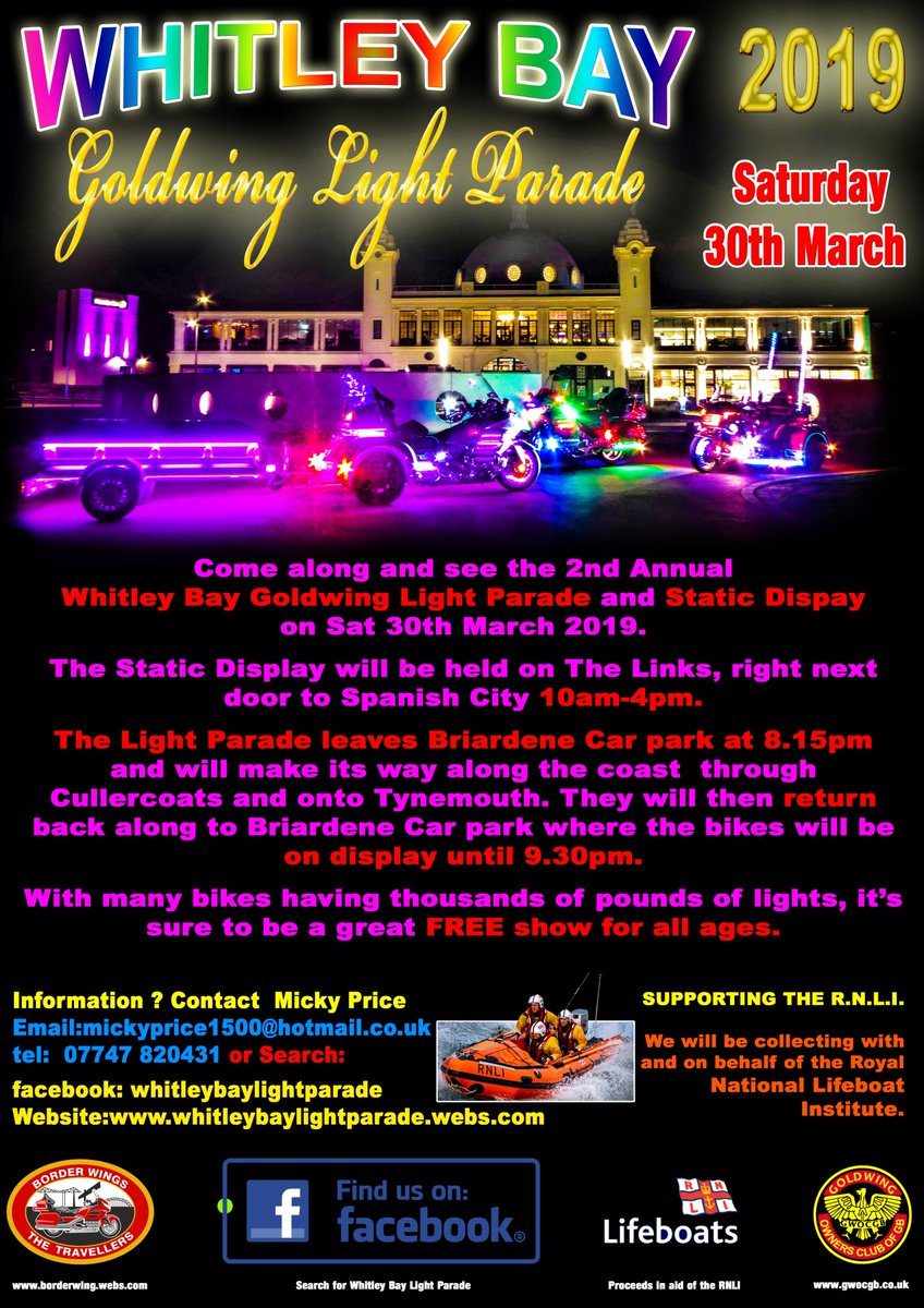Why not join us in supporting <a href="/tynemouthRNLI/">Tynemouth RNLI</a>  on Sat 30 March <a href="/whitleybaylight/">Whitley Bay Goldwing Light Parade 2021</a> Goldwing Light Parade, 8 pm from Briardene car park. Further details below