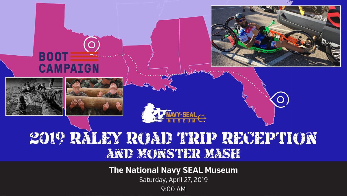 Please join us for a patriotic day of fitness, fun, music, food trucks, and special guest speakers in support of the #bootcampaign mission. Teams of four are just $25/head for the #monstermash. Spectators welcome! #raleyroadtrip #weloveourveterans 

navysealmuseum.org/raleyroadtrip