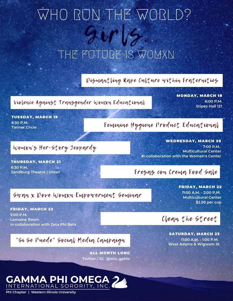 wiu_gphio's tweet photo. Swan Week is finally here! ✨🦢 We’ll be kicking off our week tomorrow with our “Dismantling Rape Culture Within Fraternities” educational. Everyone is welcome & encouraged to attend! Feel free to DM us with any questions you may about our week! 💫 #PhenomenalPhi #SwanWeek https://t.co/Q4CuztVgH3