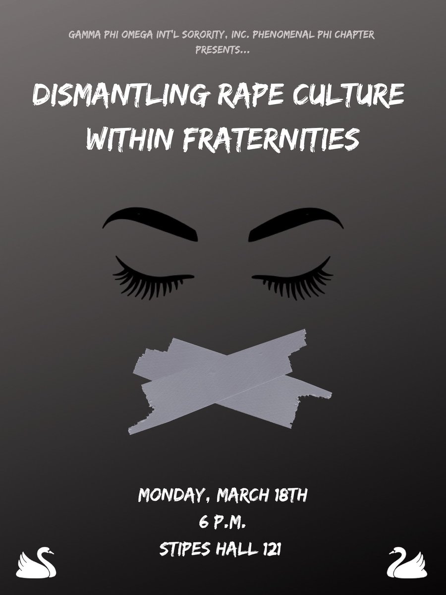 wiu_gphio's tweet photo. Swan Week is finally here! ✨🦢 We’ll be kicking off our week tomorrow with our “Dismantling Rape Culture Within Fraternities” educational. Everyone is welcome & encouraged to attend! Feel free to DM us with any questions you may about our week! 💫 #PhenomenalPhi #SwanWeek https://t.co/Q4CuztVgH3