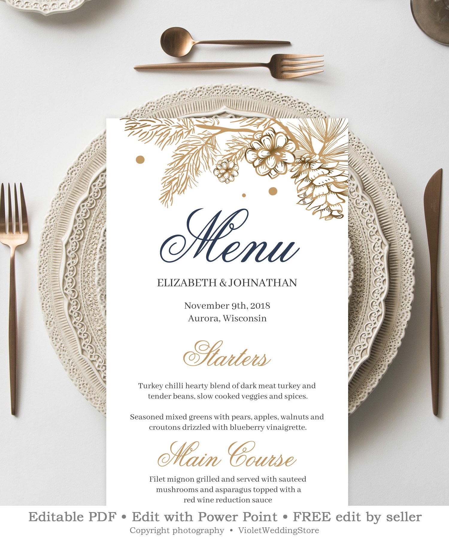 Violeta on Twitter: "Navy Wedding Menu Printable, Editable Winter Within Rehearsal Dinner Menu Template