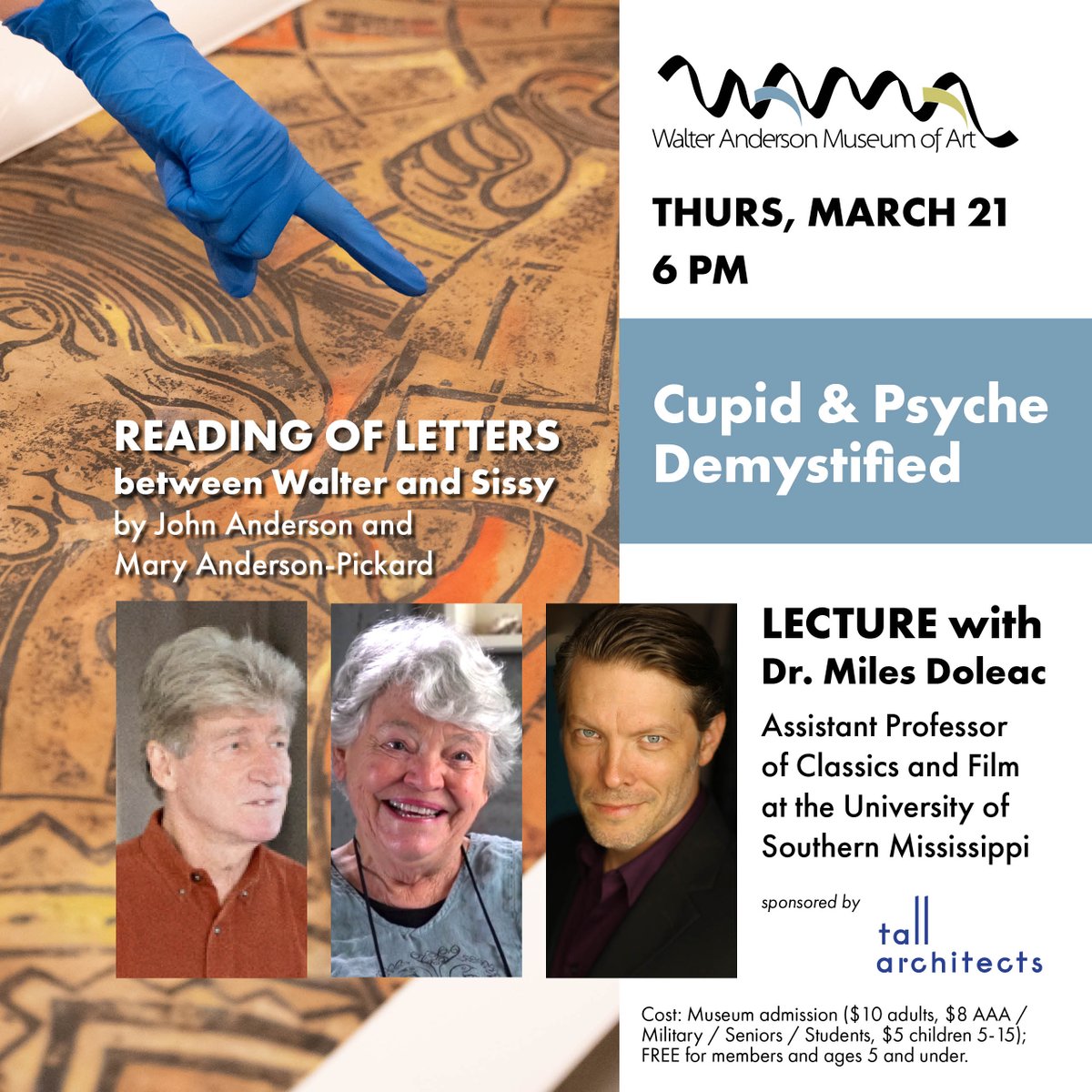 Lecture Thursday night w/ USM prof. Miles Doleac followed by gallery talk and reading of Walter and Sissy's love letters by Mary Anderson-Pickard and John Anderson inside Cupid &amp; Psyche exhibition. Don't miss it!  More about the exhibition at > ow.ly/R7Qn30o4RYF