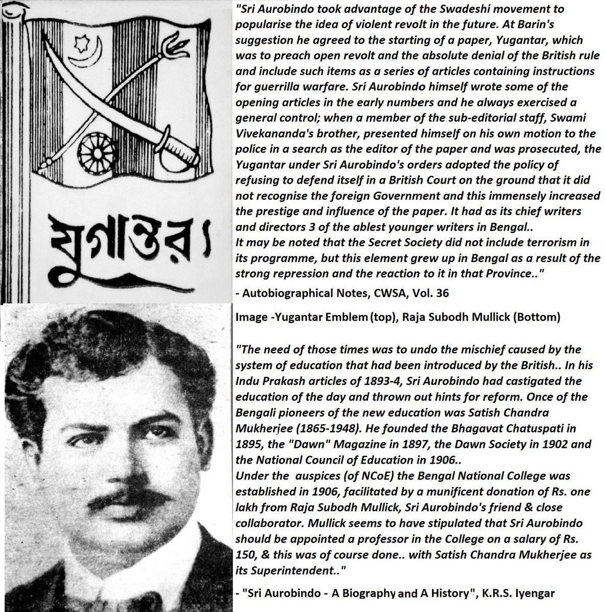 40) Starting Yugantar & Bengal National College at Calcutta: #SriAurobindo was involved with National education policy from early 1906 & was appointed the 1st principal of Bengal National College on 15th Aug..He also started the revolutionary Bengali paper 'Yugantar' in March: