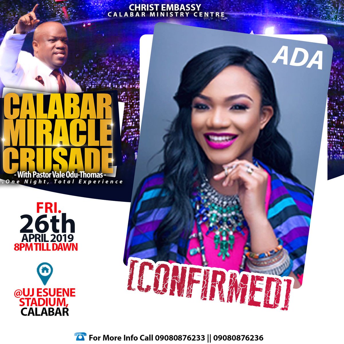 CalabarCrusade's tweet photo. It’s nothing like the city of Calabar has ever seen or experienced. It is CALABAR MIRACLE CRUSADE.Featuring super star guest artistes like:BUCHI,FRANK EDWARDS,ADA,TESTIMONY &amp; more! 26th of April, 2019, 8pm till dawn @U.J.Esuene Stadium, Calabar. For reservations,call 09080876233. https://t.co/IJc8VUE2s7