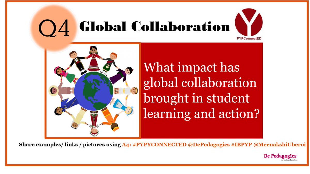 MeenakshiUberoi's tweet photo. Q4:What impact has global collaboration brought in student learning and action?
Please answer using A4:... #PYPYCONNECTED @DePedagogics #IBPYP @MeenakshiUberoi https://t.co/OIC5to2wDU