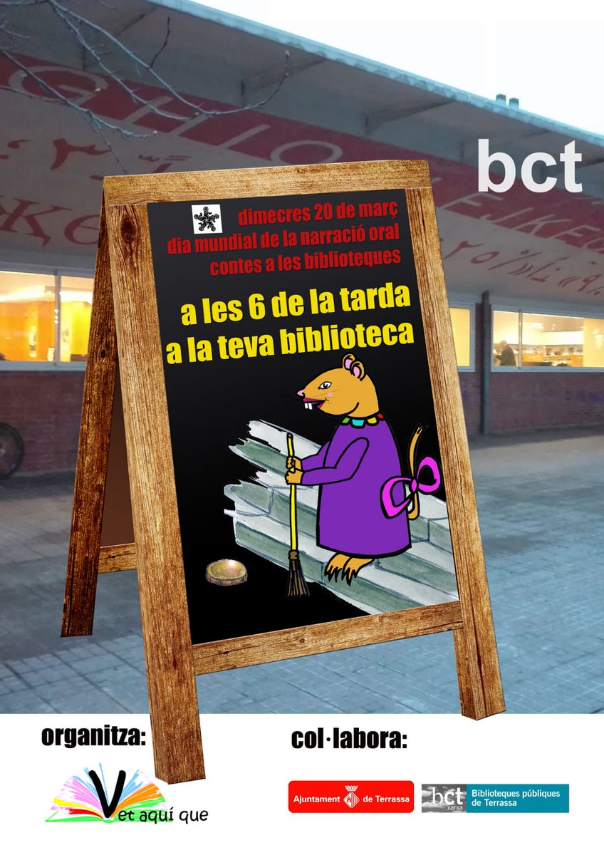 El proper dimecres 20 de març, celebrarem el Dia Mundial de la Narració Oral. Ho farem explicant contes a les sis biblioteques municipals de Terrassa. Us esperem!