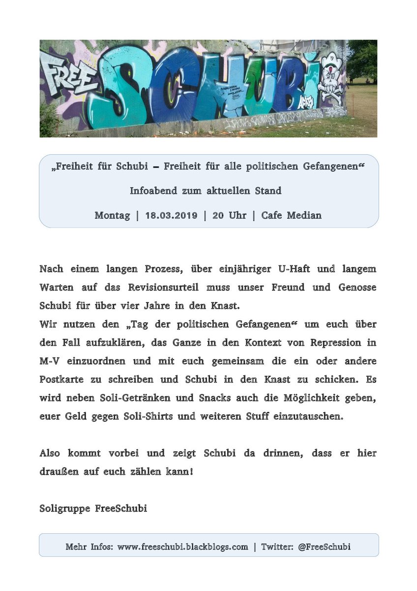 FreeSchubi's tweet photo. Nach der Kundgebung gehts direkt ins Cafe Median zum Aufwärmen, Infovortrag zuhören und Solikohle in Schnaps und T-Shirts investieren! #freeschubi https://t.co/5Zs3n1mrGT https://t.co/bL7ba2Wr2C