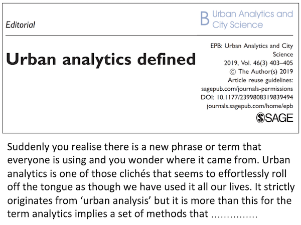 jmichaelbatty's tweet photo. Urban Analytics Defined; about time we defined it, as it is part of Environment &amp; Planning B’s subtitle. Free Download editorial https://t.co/CmtEIBLurN  New Issue Contents EPB, 2019, 46, No 3, March https://t.co/bqNDhQQMBn https://t.co/zZfUOxfVG4