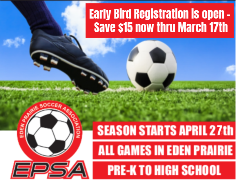 EPSASoccer's tweet photo. Early Bird Registration for Spring Soccer Season ENDS TONIGHT March 17th! 

Save $15 on the $ 80 registration fee. 

Season starts April 27th and runs through June 16th. 

All playing abilities are welcome and there are no tryouts. 

https://t.co/uKX8e08bKO https://t.co/Vm4VosZ0eC