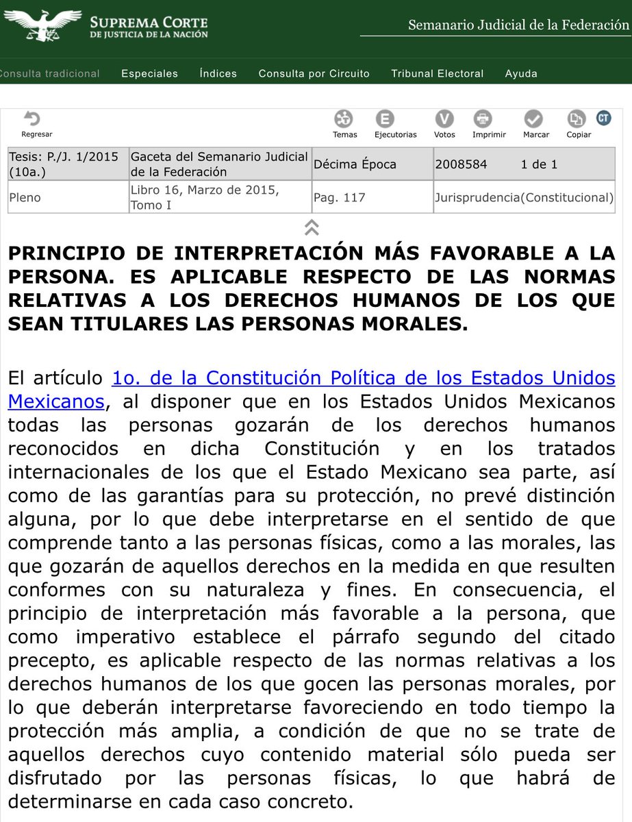 SCJN's tweet photo. Principio de interpretación más favorable a la persona. Es aplicable respecto de las normas relativas a los derechos humanos de los que sean titulares las personas morales. #Jurisprudencia ⚖️ 

📝 https://t.co/48zxs3Yj6y https://t.co/s7O87ObvTl