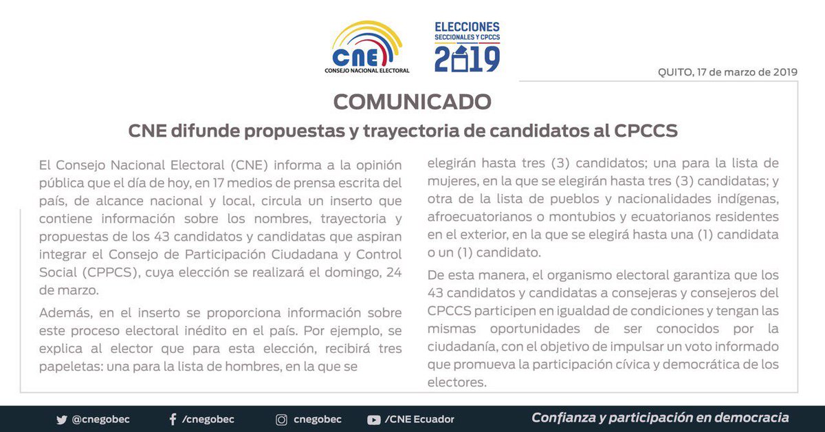 COMUNICADO | Difundimos las propuestas y trayectorias de las y los candidatos al @CPCCS, en igualdad de condiciones, como lo establece la ley. #EleccionesCPCCS.