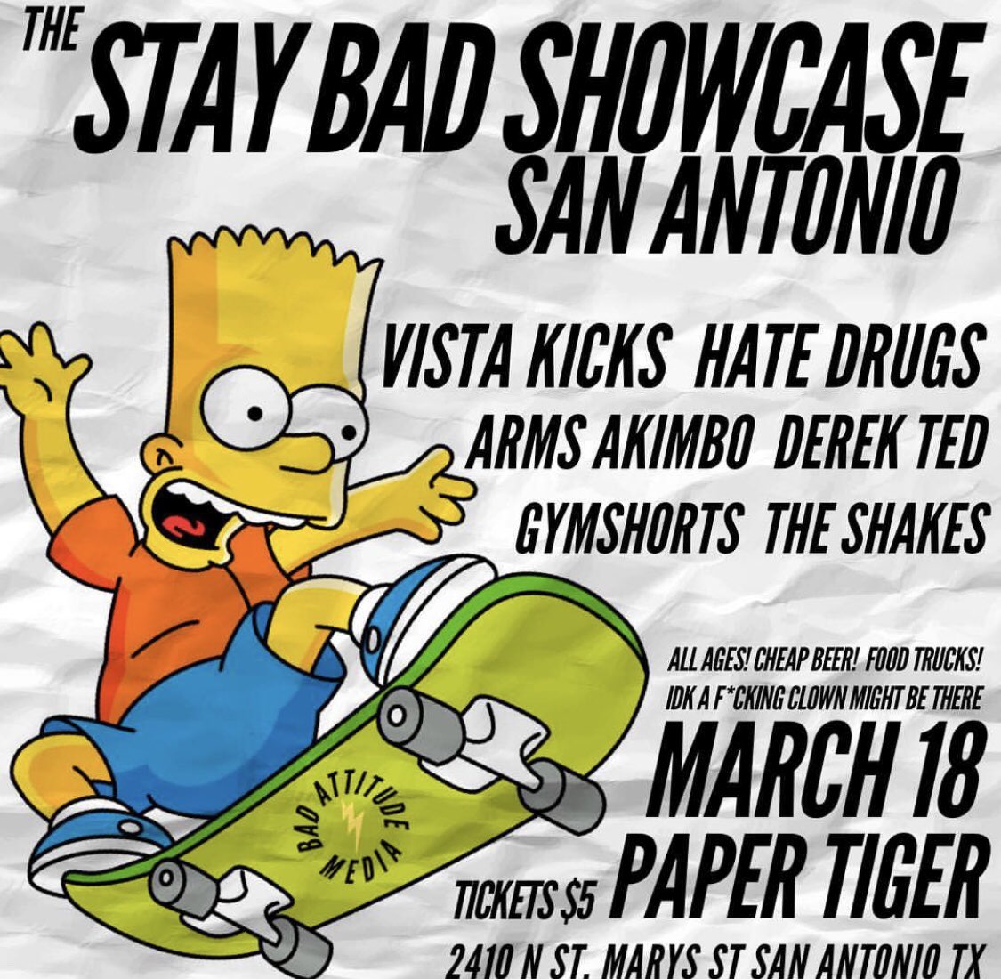 ArmsAkimboBand's tweet photo. Your favorite #cali #boys are gearing up for an #intense #shredsession tomorrow in San Antonio. C u ther. Let’s get this #bread

@VistaKicks @derekted @theshakesmusic_ @GYMSHORTSMUSIC @thehatedrugs @BadAttitudeMgmt https://t.co/mNDoSjUTaH