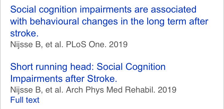 Social cognition after stroke. 2 new publications!! Social cognition impairments are present in the long term after stroke, even in mildly affected stroke patients. And are associated with a broad range of behavioural problems as rated by proxies of the patients. <a href="/NLHersenletsel/">Hersenletsel.nl</a>