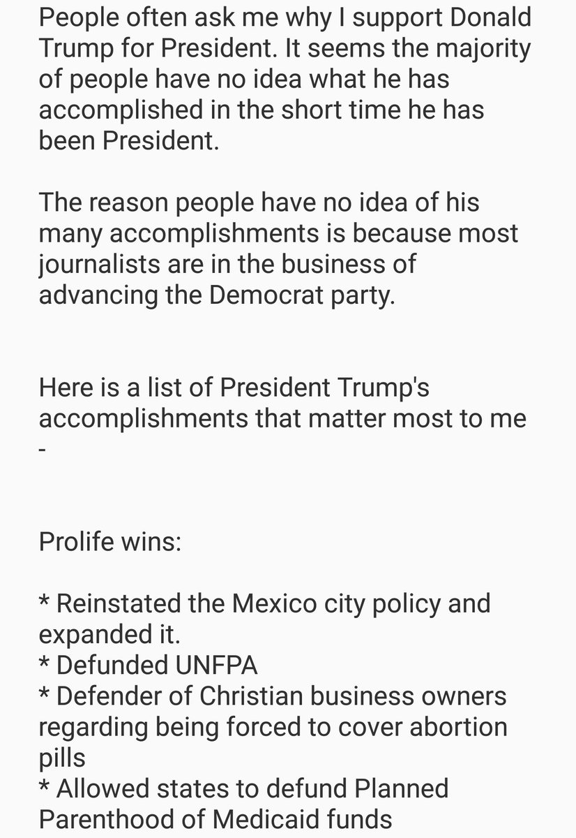 I made a list of reasons why I will support  @realDonaldTrump in 2020In 2016 I voted against Hillary. I was concerned that he wouldn't honor his promises but I took a chance on him. He has earned my vote for 2020. I know without any doubt this President is trying hard to  #MAGA