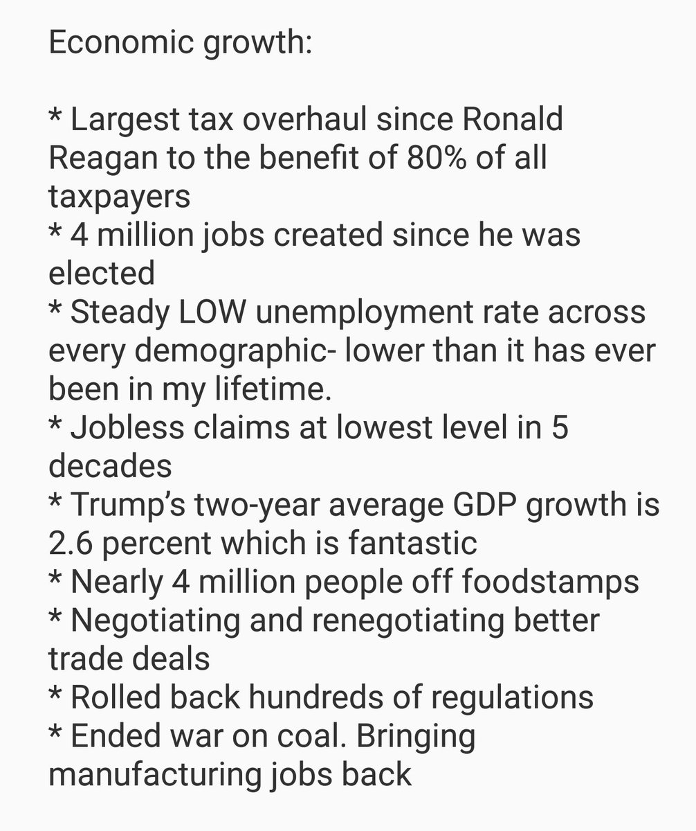 I made a list of reasons why I will support  @realDonaldTrump in 2020In 2016 I voted against Hillary. I was concerned that he wouldn't honor his promises but I took a chance on him. He has earned my vote for 2020. I know without any doubt this President is trying hard to  #MAGA
