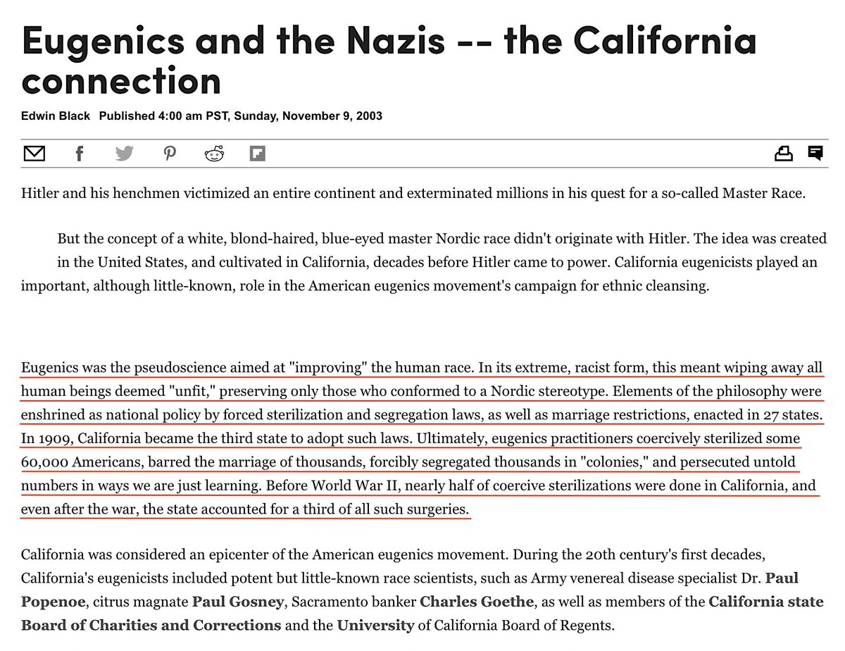 'Eugenics And The Nazis - The California Connection.'As I Mentioned, Hitler Didn’t Come Up With The Concept Of A Superior Aryan Race On His Own. He Was Inspired By American Eugenics As Referenced In 'Mein Kampf', 1934.By Edwin Black, November 9, 2003 https://www.sfgate.com/opinion/article/Eugenics-and-the-Nazis-the-California-2549771.php