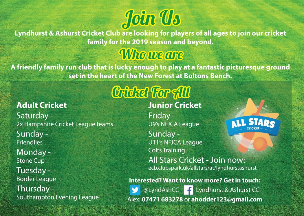 LyndAshCC's tweet photo. We are looking for players of all ages for the 2019 season. Please retweet :) @HampshireCB @_BorderCricket_  @_SHICL_ #lyndhurst #ashurst #newforestcricket #boltonsbench #cricket #hcl2019 https://t.co/KTsXq0FlYg