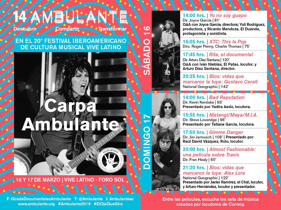 convoynetwork's tweet photo. Estos son los horarios de la Carpa @Ambulante donde podrás ver a nuestros locutores presentar los mejores documentales de música dentro del @vivelatino. #ConvoyVL19 https://t.co/YdQ4wM5Ab8