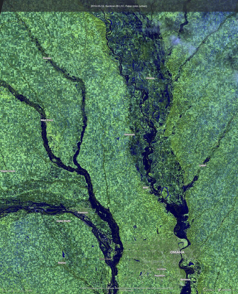 CopernicusEU's tweet photo. The magnitude of the #Nebraska floods caused by snowmelt is biblical
↙️#Sentinel2 🇪🇺🛰 image acquired on 16 March 
↘️ reference image from February 
See the animations below https://t.co/DVfhOe1OE3