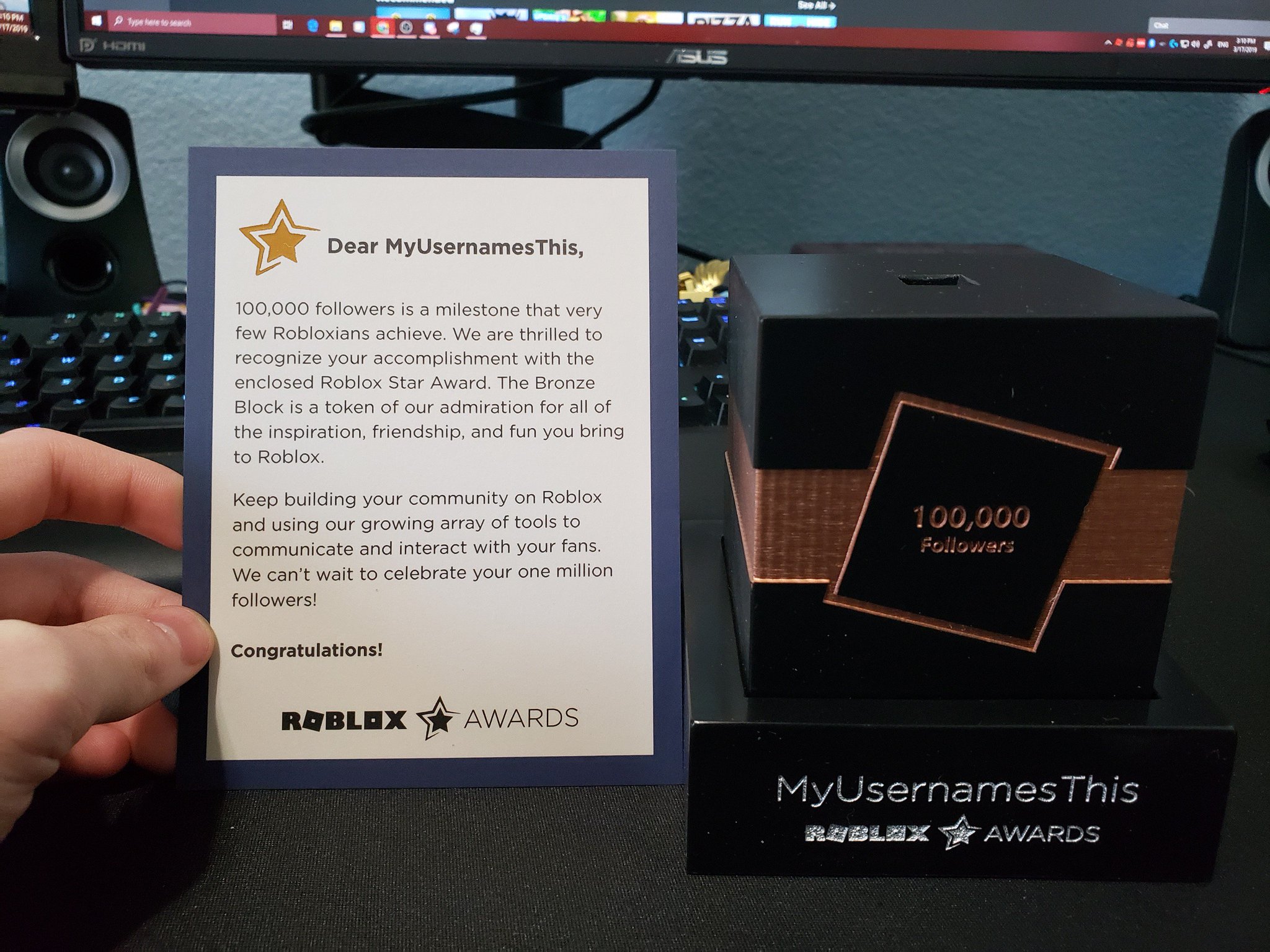 Myusernamesthis On Twitter Just Got My Roblox 100k Followers Award - roblox 100k followers code