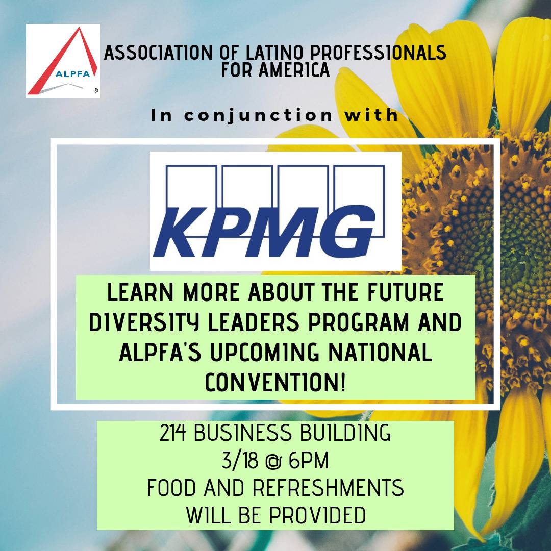 ALPFAPennState's tweet image. Hello ALPFAmilia! Join us tomorrow for a networking event with one of the Big Four, KPMG! We&apos;ll be learning about their Future Diversity Leaders Program so it&apos;s a great opportunity for you to know more about the culture of the company. #alpfa #pennstate