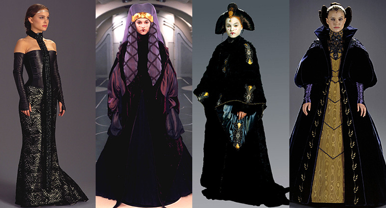 Padm Amidala's wardrobe from Star Wars: The Prequel Trilogy (Episode I: The Phantom Menace / Episode II: Attack of the Clones / Episode III: Revenge of the Sith). Costume design by Trisha Biggar. Padm Amidala's wardrobe from Star Wars: The Prequel Trilogy (Episode I: The Phantom Menace / Episode II: Attack of the Clones / Episode III: Revenge of the Sith). Costume design by Trisha Biggar.