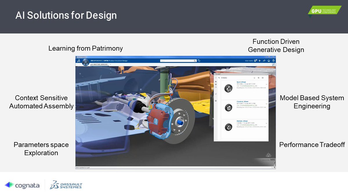 ceciledoan's tweet photo. Showing what #CognitiveAugmentedDesign can deliver to the Engineering world at #GTC2019 with #ArtificialIntelligence for Design @3DSCATIA @Dassault3DS @CognataAI https://t.co/tBGNxrUQ0f