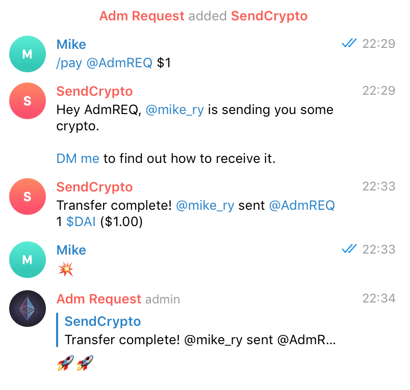 SendCrypto's tweet photo. Want to send crypto on Telegram?

1: Invite https://t.co/EEcWG7Cg8b to your group
2: Use the pay command to start a transfer:

/pay @Alice $1
/pay @Alice 1 ETH
/pay @Alice $20 ETH

3. Pay via @RequestNetwork 
4. The bot will post a message once the payment is confirmed https://t.co/YyFXeVZjmx