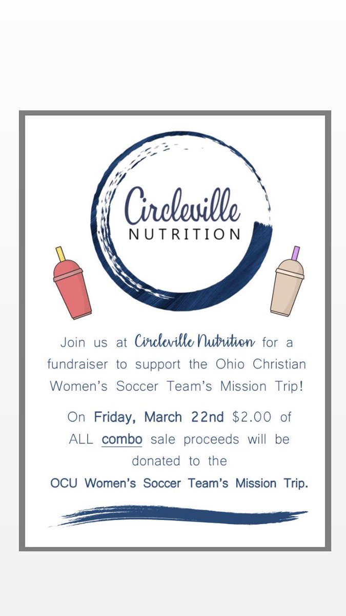 We’re excited to finally announce our next fundraiser!! 

Come on out to *drumroll* CIRCLEVILLE NUTRITION this FRIDAY! 

$2 from every COMBO sale will be going directly to support our mission trip!! 

We’ll see you there!
