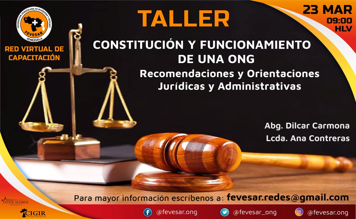 Los invitamos a ntro prox taller virtual "CONSTITUCIÓN Y FUNCIONAMIENTO DE UNA ONG Recomendaciones y orientaciones jurídicas y administrativas"
SAB 23 de marzo
09:00 -12: 00HLV
Facilitadoras: Abg. Dilcar Carmona y Lcda. Ana Contreras
Inscríbete accediendo bit.ly/2Co8j2P