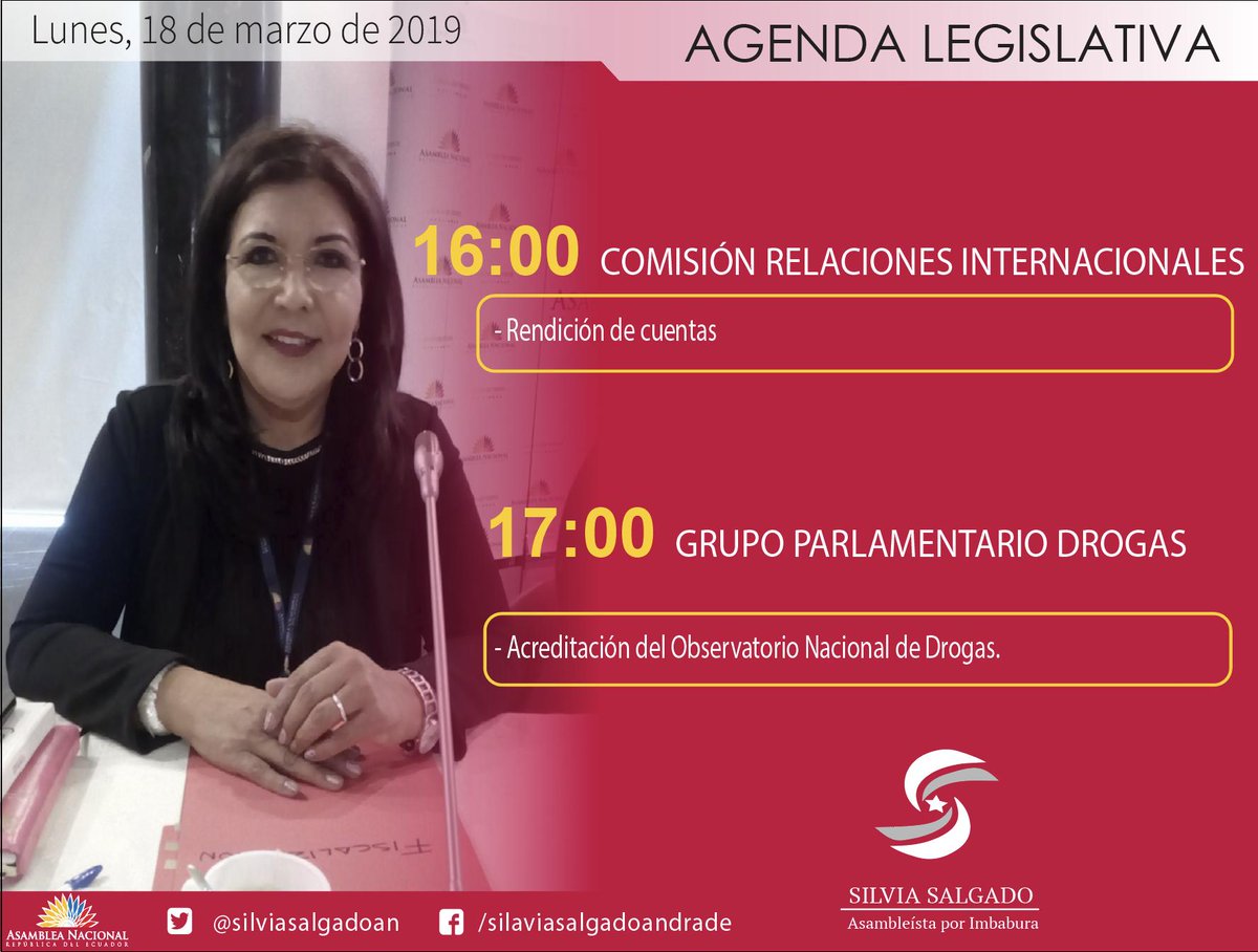 Comparto mi agenda de medios y de actividades legislativas del lunes 18 de marzo de 2019 <a href="/AmericaRadioIba/">Radio América Ibarra</a> @SoberaniaAN <a href="/AsambleaEcuador/">Asamblea Nacional</a> @AgendaAsamblea <a href="/BloqueAP35/">Bloque AP35 Aliados</a> <a href="/PSocialistaEc/">Partido Socialista</a> <a href="/CasaAsamblea/">Nuestros derechos</a>