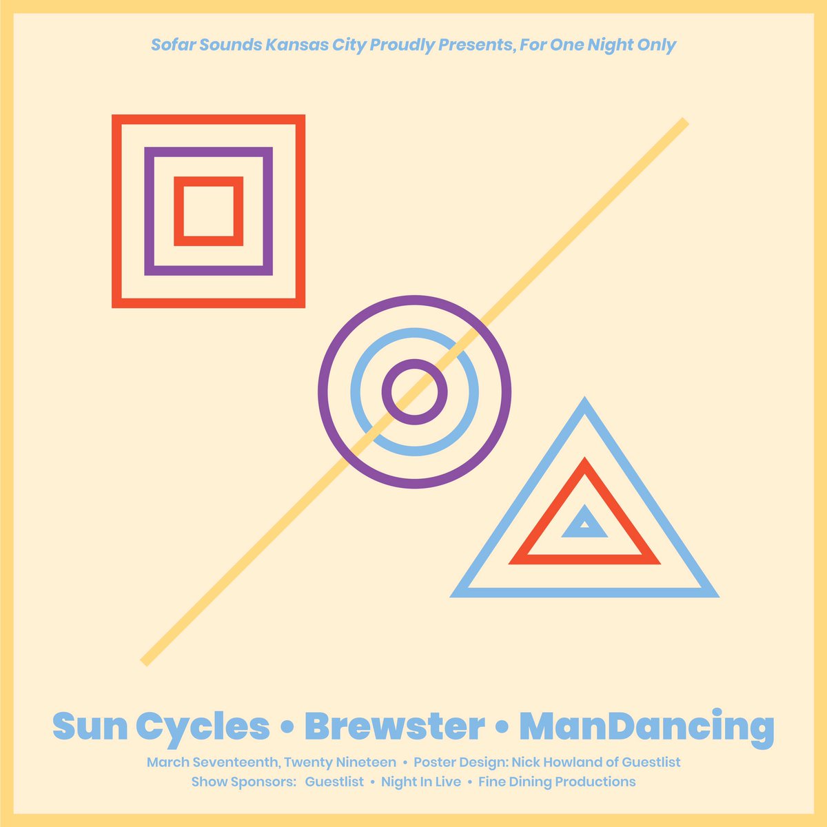 sofarsoundskc's tweet photo. 03.17.19
No. 37

Sun Cycles / @brewstertunes / @mandancing 

🖼: @howland.png
🤝 of @thegstlst

#SofarStPaddys 
#SofarSoundsKC
#SofarSounds #GuestList #FineDiningProductions #AfterwordKC  #SecretShow #LivemusicKC #ManDancing #Brewster #SunCycles #CreativePosters #posters https://t.co/ZnfXHkQtR2