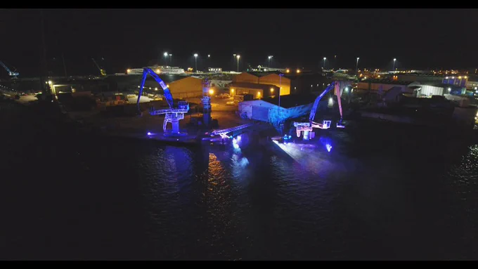 Drone image of Harbour Glow crane installation in Poole Harbour
