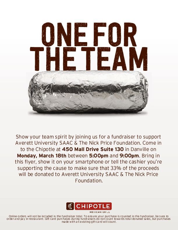 AverettSAAC's tweet image. TOMORROW!!!!! 
don’t forget to stop in chipotle for dinner from 5-9 pm to help raise money for a great cause!!! All proceeds will be donated to the Nick Price Foundation! Let them know you’re there to support AU SAAC  #oneTeam #AUCougars