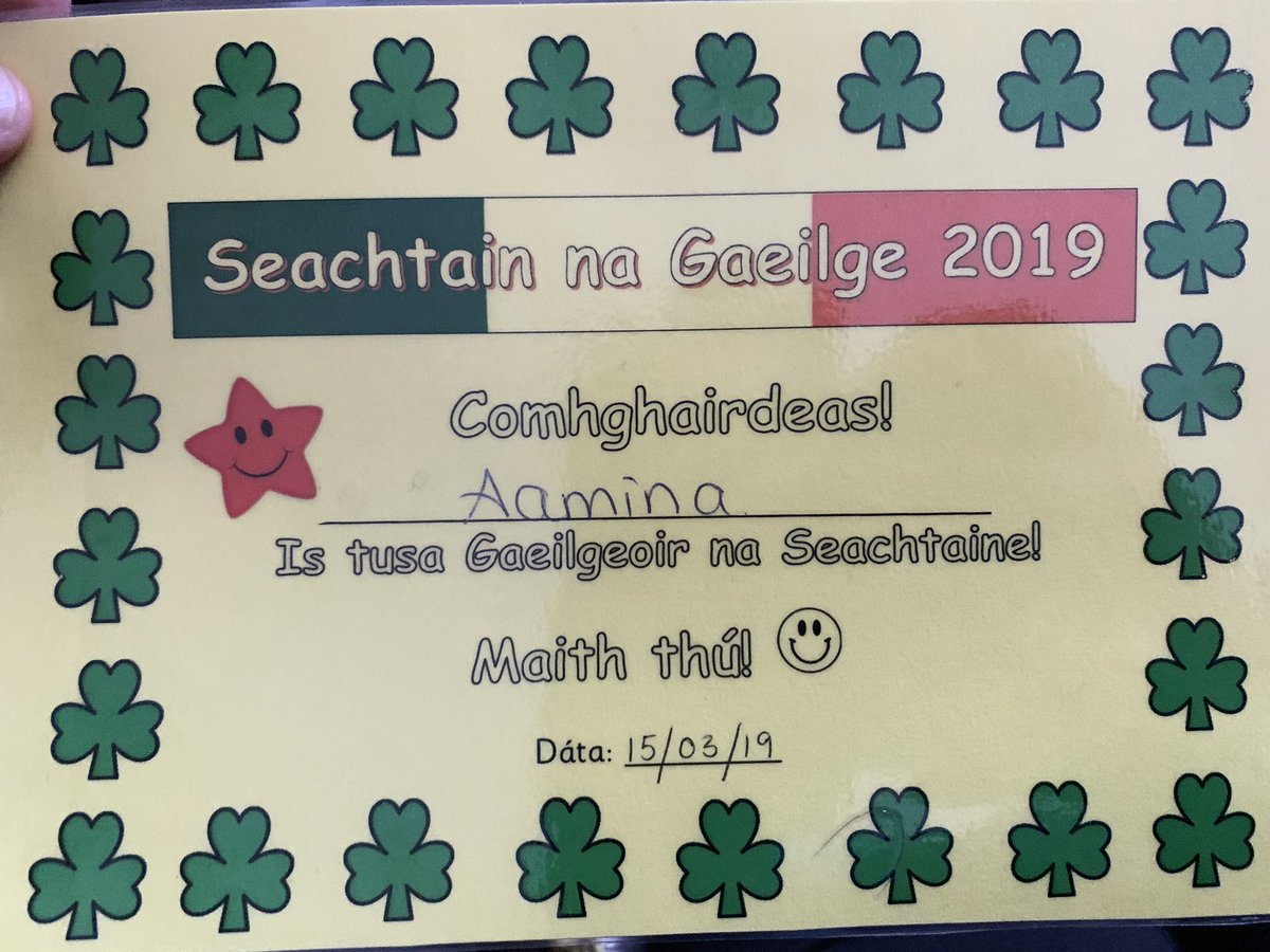 My daughter Aamina, who also happens to be my Irish teacher, was this year a winner of Seachtain na Gaeilge 2019 in her class. 
#SeachtainnaGaeilge2019 #Gaeilge #Irish #StPatrickDay2019 #Irishness #Diversity #inclusivity