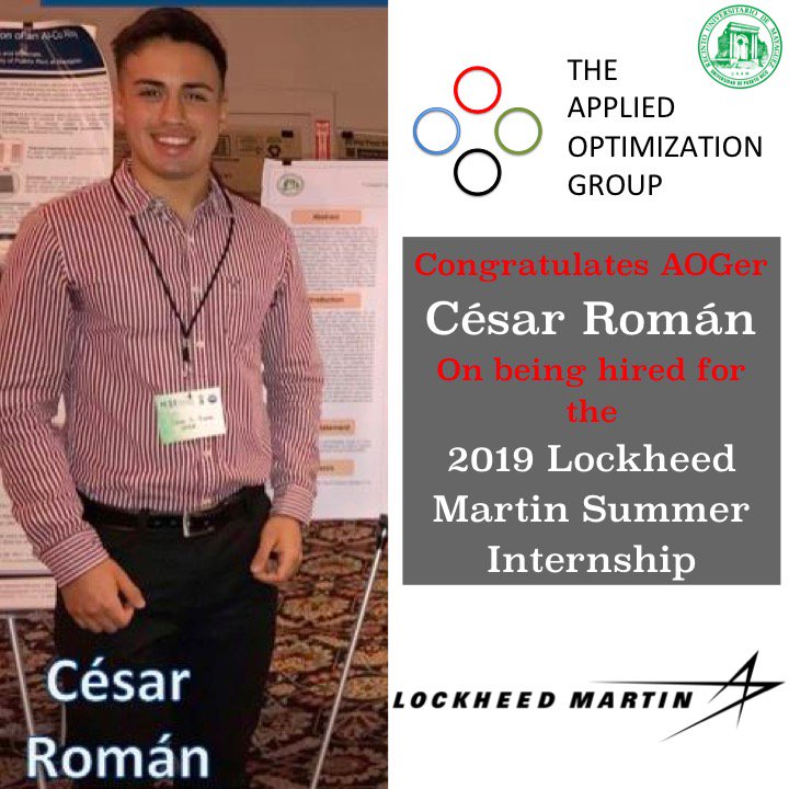 AppliedOptUPRM's tweet image. Congratulations to AOGer César Román on his internship position with @LockheedMartin!!! #AOGAchievers #UPRMEngineering #UPRMIndustrialEngineering @EngineeringUPRM