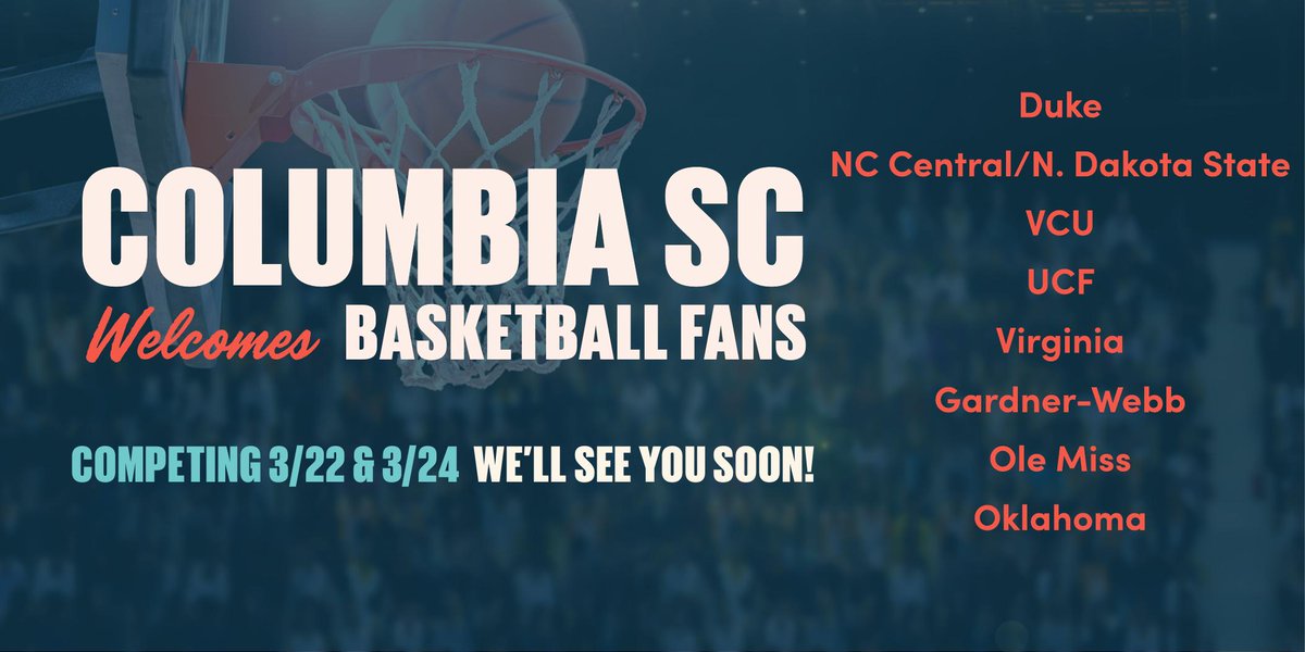 columbiasc's tweet photo. Congratulations to all of the qualifying teams competing in the @marchmadness tournament! We can't wait to host you in South Carolina's capital city. #RealColumbiaSC. https://t.co/YfuvhWhdIP