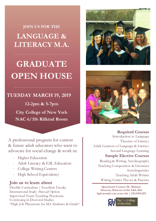 4cCBW's tweet photo. Upcoming Open House for the Language and Literacy M.A. program at the City College of New York https://t.co/x2uY3IPQd3 https://t.co/BZDDf1wvJV