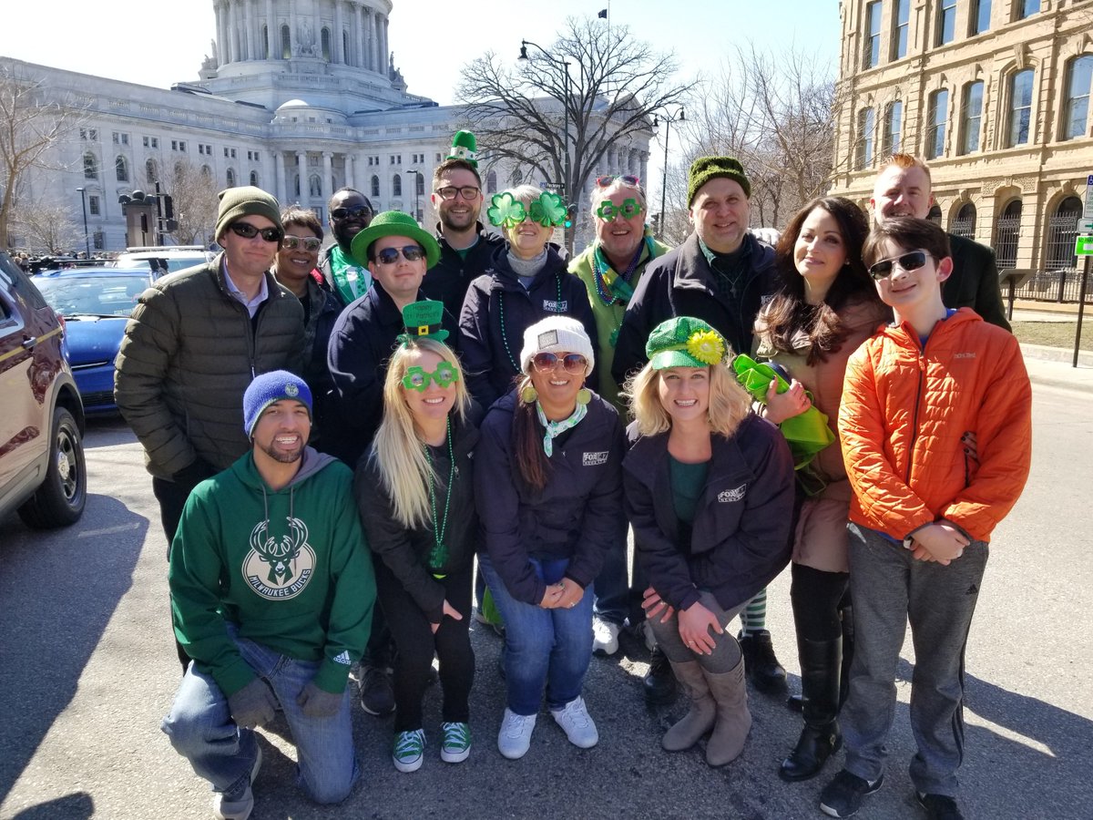 fox47madison's tweet photo. Happy #StPatricksDay from FOX 47!! Nice to see everyone at the @stpatsmadison !! #fox47 #bucky https://t.co/DWYZOaeyLK