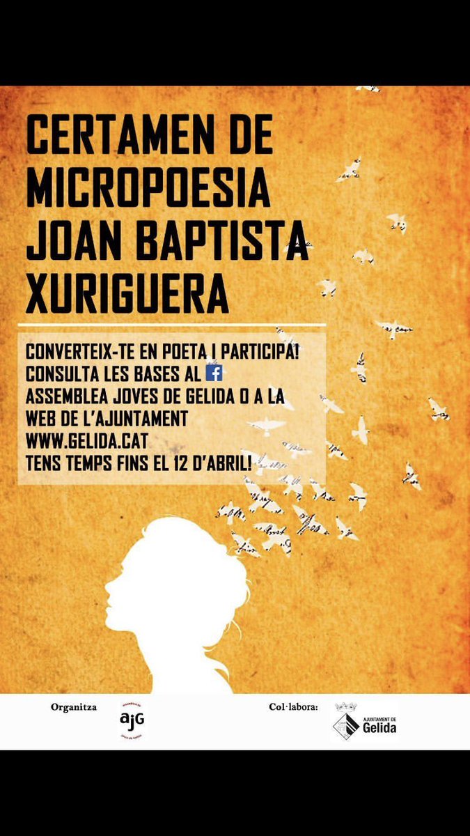 El dissabte 27 d'abril se celebrarà la 10a edició del Certamen de Micropoesia Joan Baptista Xuriguera

Animeu-vos a participar! Teniu fins el 12 d’abril! 

Podeu trobar les bases del concurs al FB de l’AJG i a la pàgina web de l'ajuntament (gelida.cat).