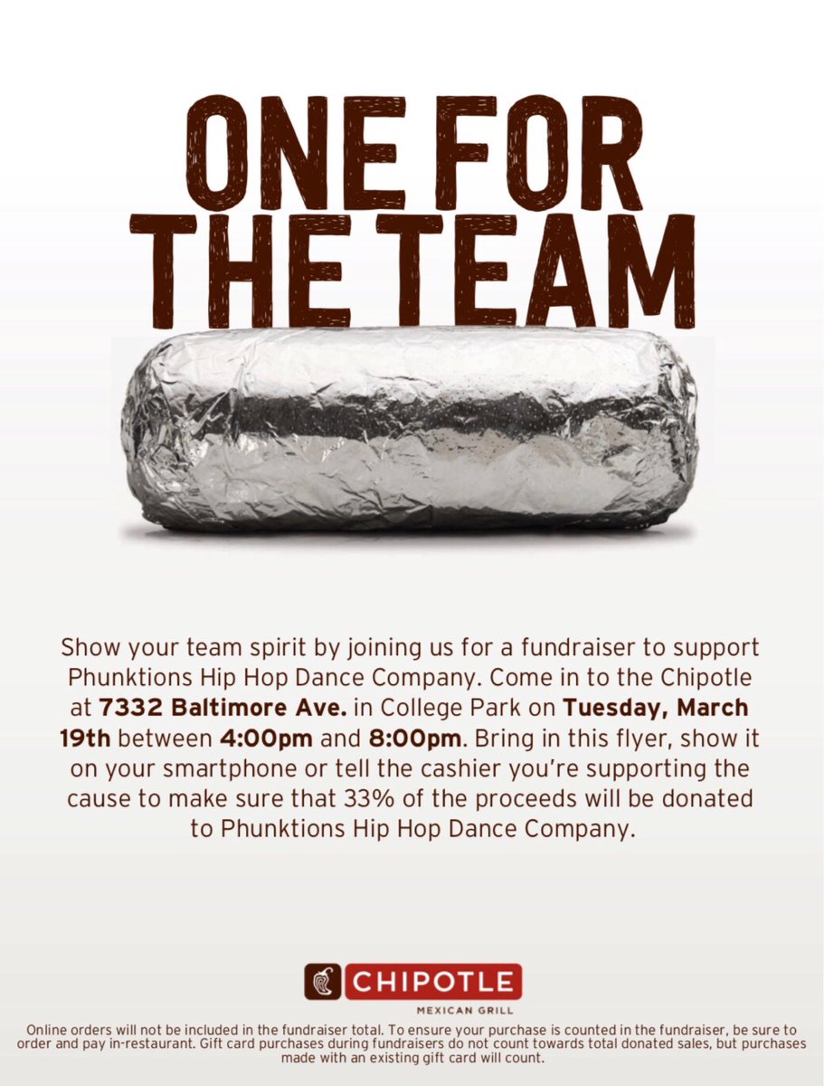 Support ✨Phunktions✨ by showing this flyer at the Chipotle in College Park on Tuesday 3/19 anytime between 4:00 and 8:00 pm!