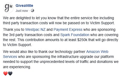 givealittle's tweet photo. A big thank you to @WestpacNZ @PaymentExpress @awscloud @Spark4Good 🖤❤️ https://t.co/bdTxMcJfgF