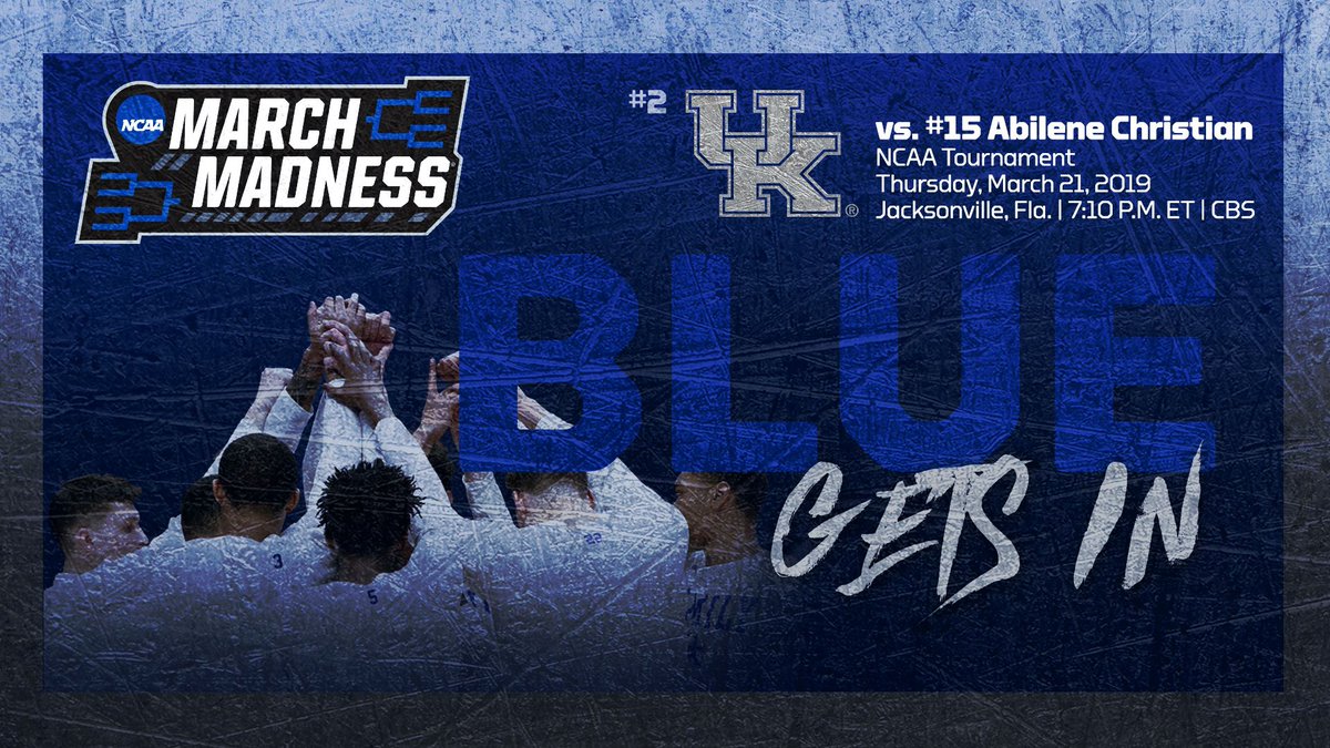 Kentucky Wildcats vs. Abilene Christian Wildcats.
📍 Jacksonville, Fla.
📅 Thursday, March 21
🎟 bit.ly/2TekXGW 
🔗bit.ly/2TMddR9 
⏰ 7:10 p.m. ET
📺 CBS
